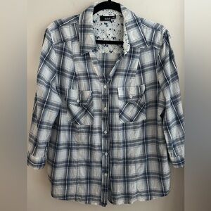 ANA XL PLAID 3/4 SLEEVE TOP SHIRT BUTTON DOWN
